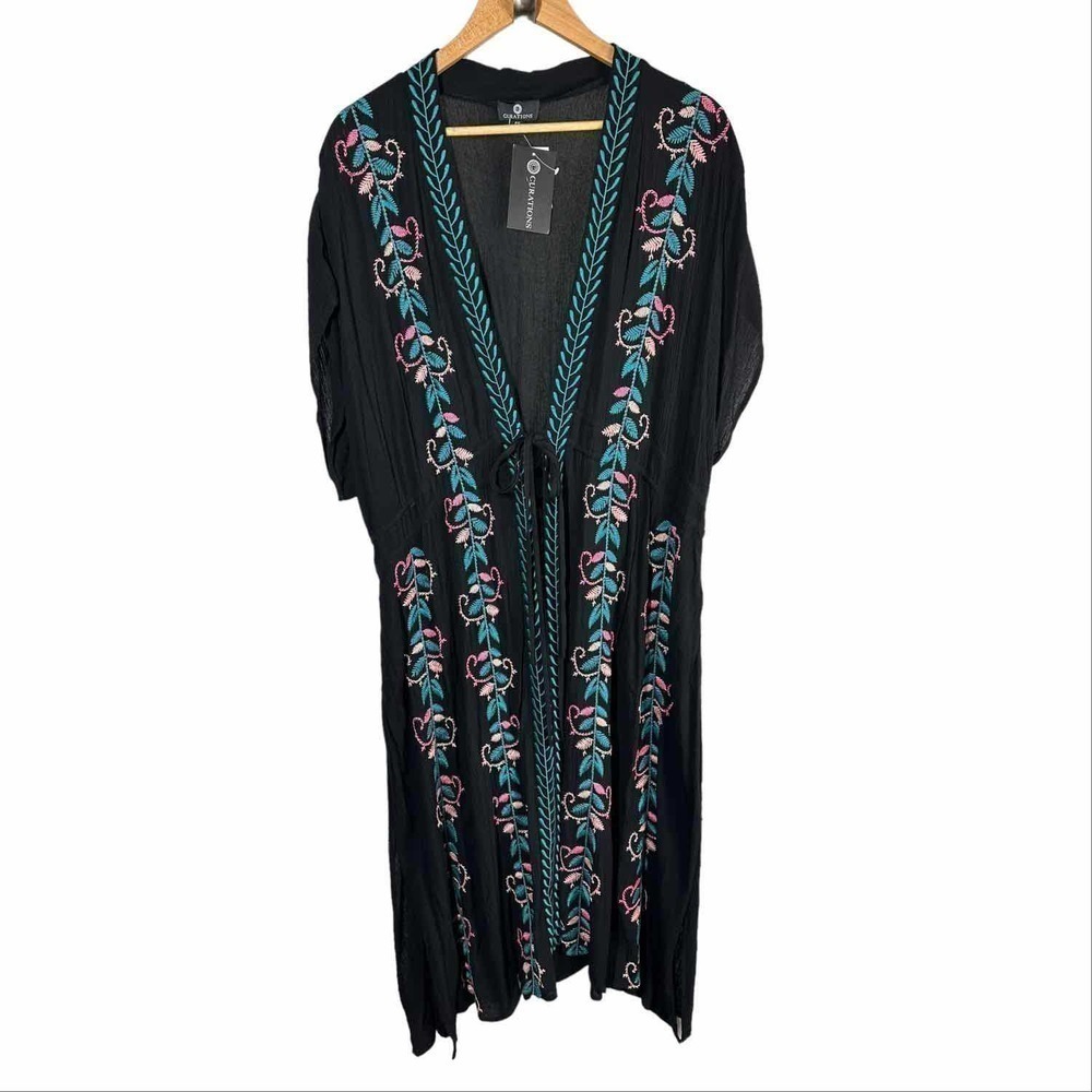 Curations Embroidered Gauze Kaftan Swim Coverup Black Size P1X